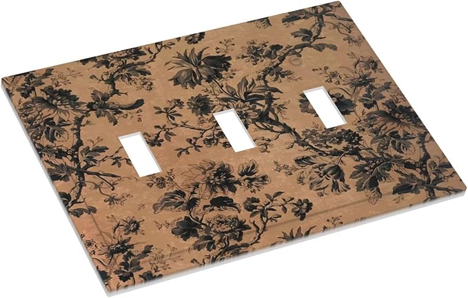 Decorative Switch Plate Covers Vintage Floral Botanical Brown Background 3 Gang Light Switch Cover Plate Triple Toggle Wall Plate Light Switch Covers for Bathroom Bedroom Decor
