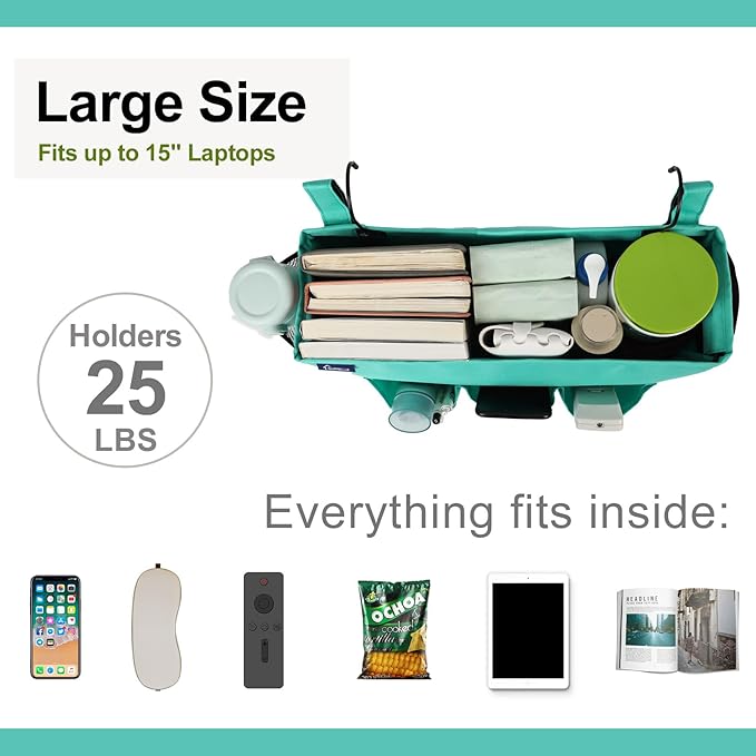 Surblue Bedside Organizer Caddy Hanging Storage Bag with Adjustable Straps and Water Bottle Holder for Home, College Dorm, Bunk Bed, Hospital Bed, Green