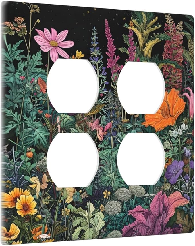Decorative Switch Plate Covers Colorful Floral Dark Sky Wildflower Plants 2 Gang Outlet Covers Double Duplex Light Switch Cover Plate Gfci Wall Plate for Bathroom Decor