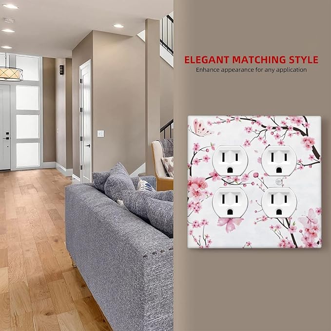 Cherry Floral Watercolor Pink Flowers Butterfly Outlet Covers 2 Gang Double Duplex Decorative Light Switch Covers Electrical Wallplates Socket Faceplate for Bed Room Living Room Decor