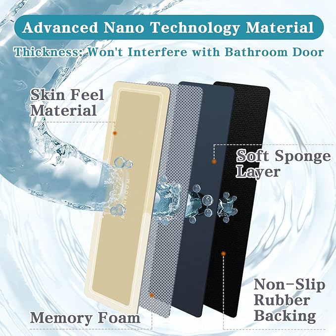 Bath Mat - Super Absorbent Non Slip Quick Dry Thin Rubber Mats for Bathroom Floor, Fit Under Door, Shower Rug for Bathtub, Beige
