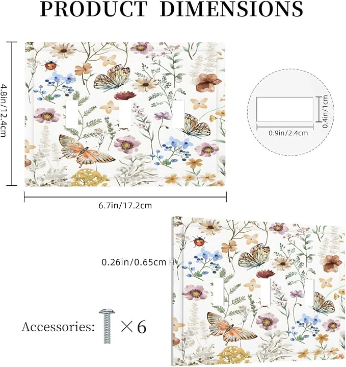 Boho Multicolor Flower Butterfly Insect Floral Decorative Switch Plates 3 Gang Wall Plate Triple Toggle Light Switch Cover Faceplate Electrical Wall Panels for Bedroom Living Room Decor