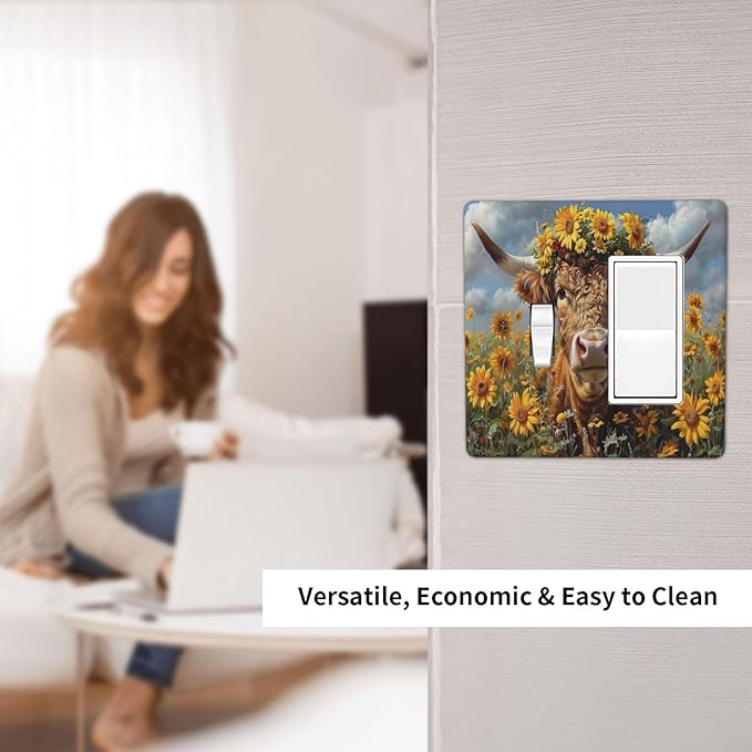 Outlet Covers Vintage Sunflower Highland Cow Rustic Art 1 Toggle 1 Rocker Combination Decorative Wall Plate Electrical Switch Plates Light Switch Cover Plate for Bedroom Farmhouse Decor