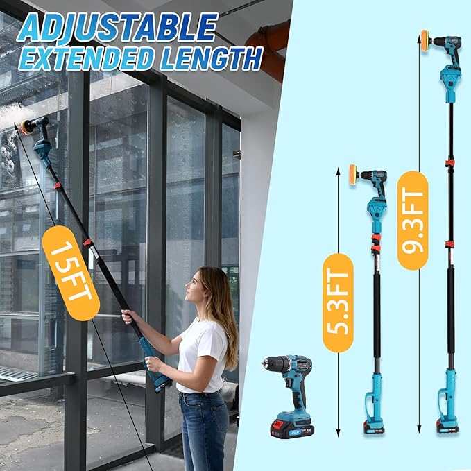Cordless Power Drill Cleaning Tools Long Handle Scrub Brush for Surface Cleaning of Car Floors and Windows with 1*Max 20V Battery 2.4A Charger 1*Telescopic Rod 1*5MM Drill Bit 7*Pcs Drill Brush