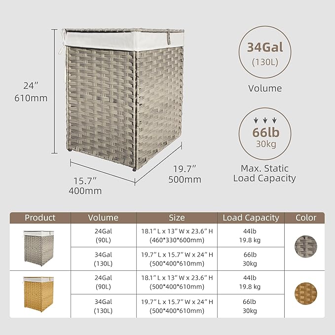 Woven Rattan Laundry Hamper with Lid & Handles,130L Foldable Laundry Basket Includes Machine Washable Removable Liner with 2 Compartments for Storage Basket for Bedroom, Bathroom (Gray)