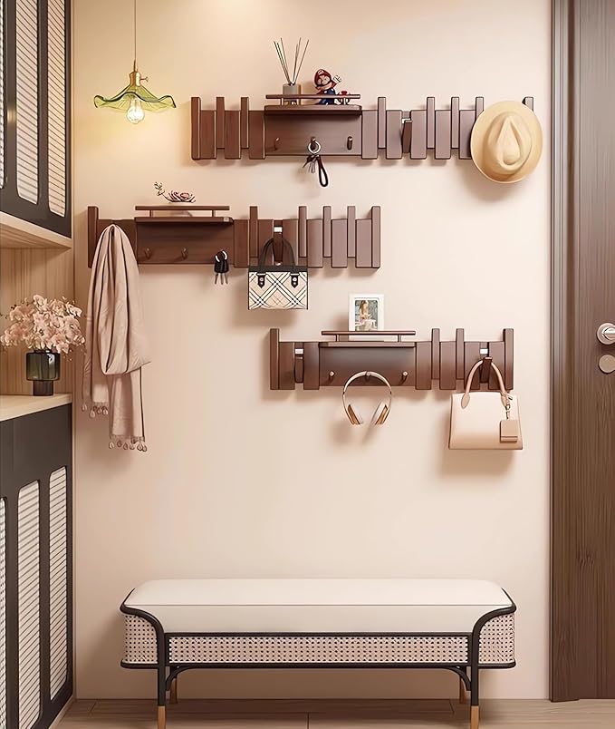 Wall Mounted Piano Key Hanger | Flip Style Hook | Entrance Wall Art Hook, Made of Oak Wood (3 Times Painted, 4 Times Polished) (Fence Walnut, 8Hooks)