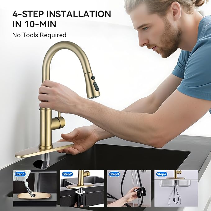 Gold Kitchen Faucet with Sprayer,Single Handle Kitchen Sink Faucet with Pull Out Sprayer, Champagne Bronze, Arofa Brushed Gold Brass Faucets for RV/Outdoor/Laundry Sink