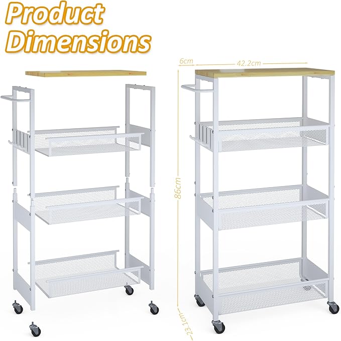 Slim Rolling Storage Cart, 4 Tier Metal Narrow Utility Cart with Handle and Wood Top, Multifunctional Small Mobile Shelf Unit Organizer Trolley for Laundry, Bathroom, Kitchen