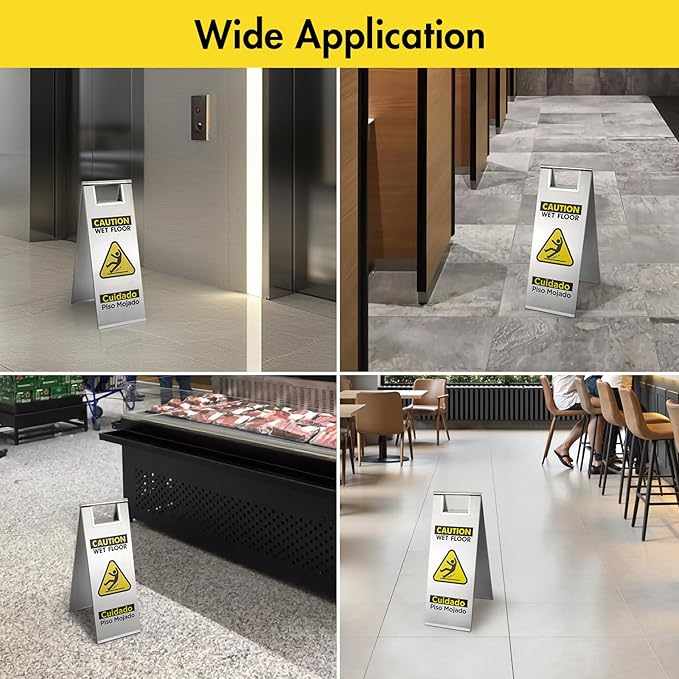 Wet Floor Sign Stainless Steel for Business, Commercial Caution Wet Floor Sign Double Sided & Bilingual, Size 24'' * 9''，Silver