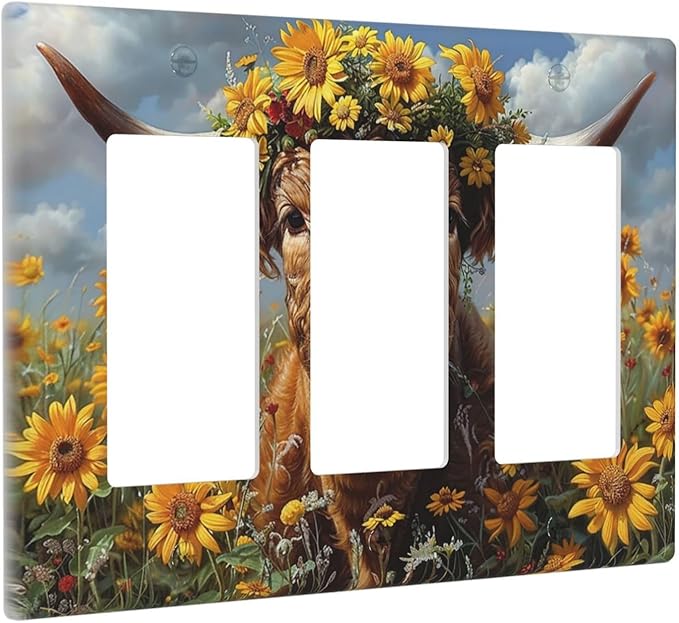 Light Switch Covers Vintage Sunflower Highland Cow Rustic Art 3 Gang Rocker Electrical GFCI Decorative Triple Outlet Wall Plate Cover Switchplate for Bedroom Farmhouse Decor