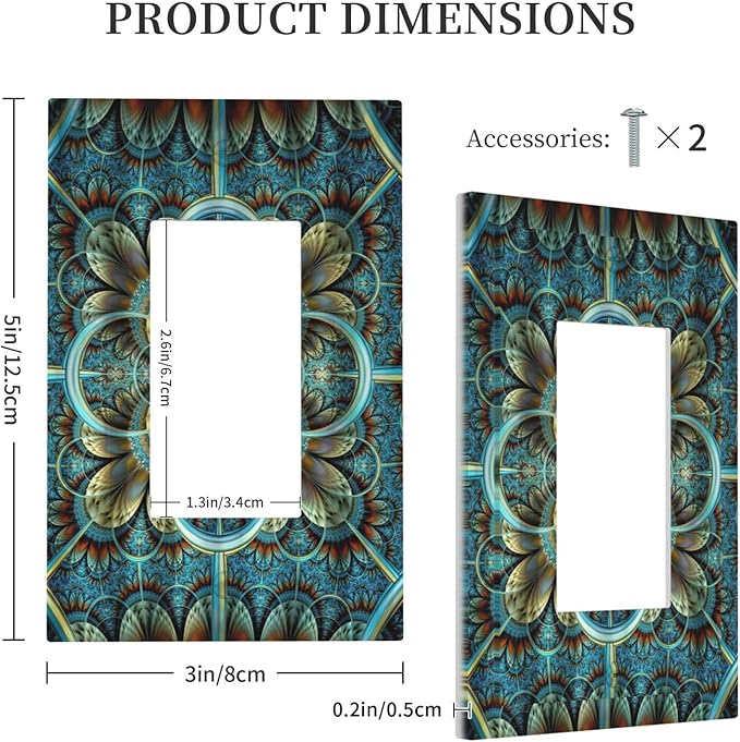 Outlet Covers Boho Fractal Mandala 1 Gang Wall Plate Single Rocker Light Switch Cover Bohemia Decorative GFCI Receptacle Cover Electrical Switchplate for Bathroom Bedroom Decor