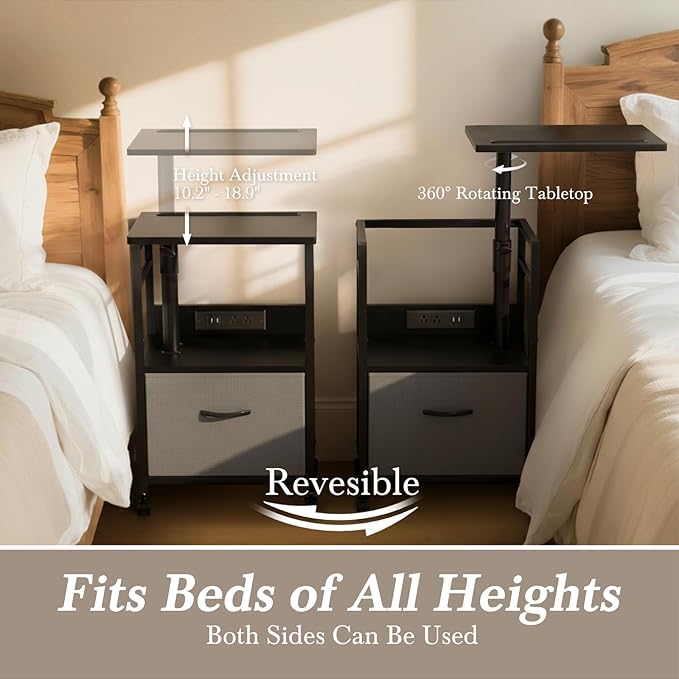Swivel Lift Top Nightstand with Charging Station, 2-Tier 360° Adjustable Bedside Table, Rolling Night Stand with Wheels, Small End Table with Fabric Drawer, for Bedroom, Living Room, Black Gray