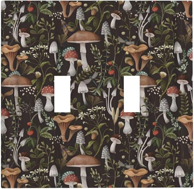 Funky Retro Vintage 70s 60s Boho Hippie Mushroom Double Toggle Light Switch Cover Plate Decorative 2-Gang Wall Plate Bohemian Floral Leaf Dual Device Electrical Switchplate Faceplate for Bathroom