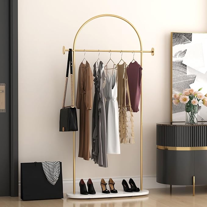 Modern Gold Coat Racks with Marble Base, Gold Clothing Racks with Shelves, Heavy Duty Clothes Rack Stand for Entryway, Bedroom, Living Room, Boutiques