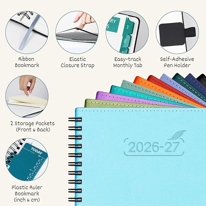 BEZEND Monthly Planner 2026-2027 (Spiral-7" x 9") 2 Year Calendar Book with Note Pages - Jan 26 to Dec 27-120 GSM Paper, Inner Pockets, Laminated Tabs, Vegan Leather Softcover - Lavender