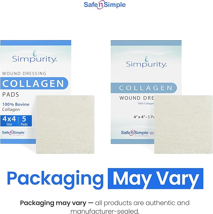 Collagen Dressing Pads - 4" x 4" 5 Count Collagen Pads for Wounds - Non-Adherent Collagen Dressing for Wound Care - Safe n' Simple Wound Care Supplies.