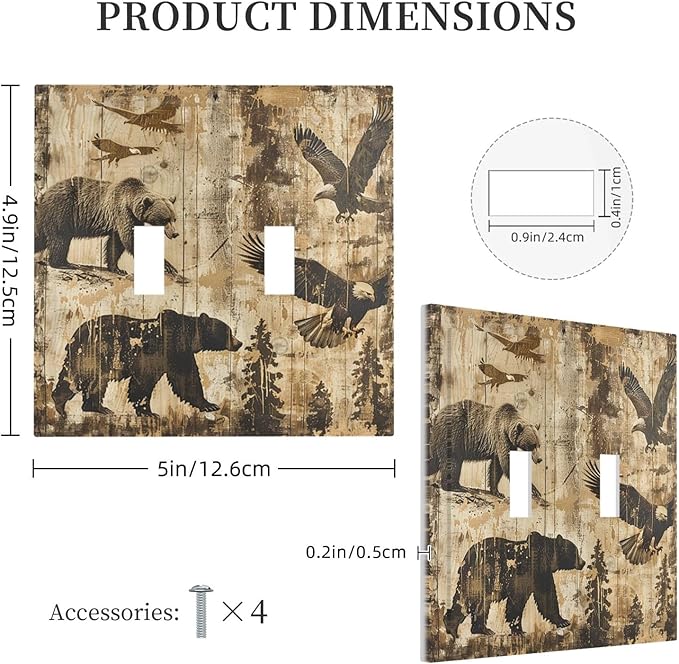 Decorative Switch Plates Vintage Cabin Wildlife Animal Bear Eagle Forest 2 Gang Double Toggle Outlet Light Switch Cover Wall Plate Electrical Faceplate for Farmhouse Bedroom Decor