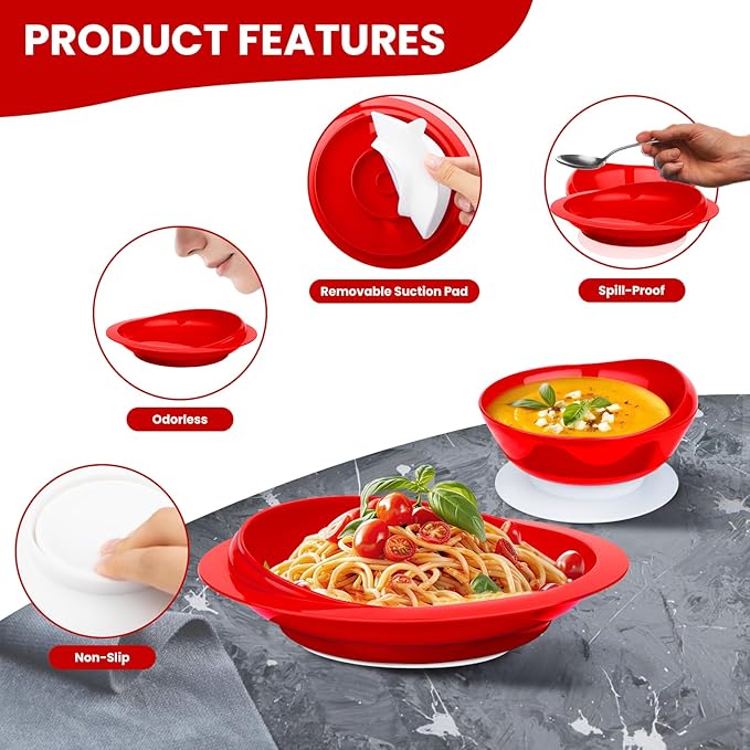 Spill Proof Scoop Plate and Bowl with Non-Skid Suction Base, Adaptive Self-Feeding Dinnerware for Elderly and Disabled(Red)