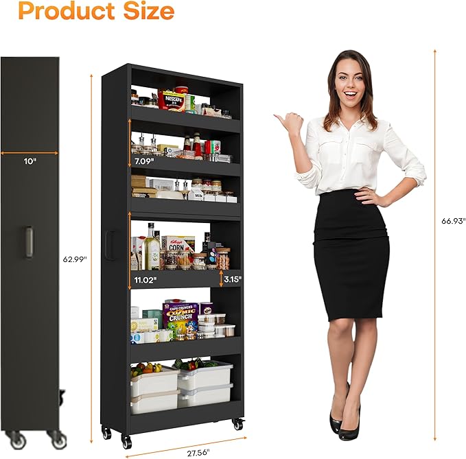 Slim Storage Cart, Lightweight 6 Tier Metal Rolling Utility Kitchen Cart on Wheels, Mobile Storage Shelving Unit Organizer for Bathroom Laundry Office (Black, 10" D)