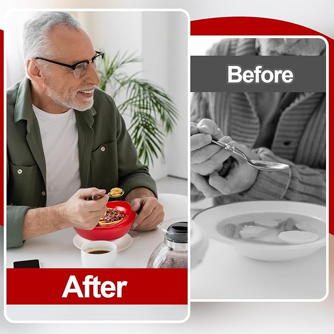 Hushee Adaptive Spill Proof Scoop Bowl and Plate Set with Suction Base Non Skid Self Feed Dinnerware for Elderly Disabled Handicapped from Parkinsons, Dementia, Stroke, Tremor(3 Sets,Red)