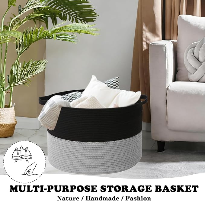 Large Storage Basket with Handle,19.7"x 19.7"x 13" Blanket Basket Storage Bins for Organizing,65L Cotton Rope Woven Baskets for Living Room, Nursery ,Bedroom,Black&Light Grey