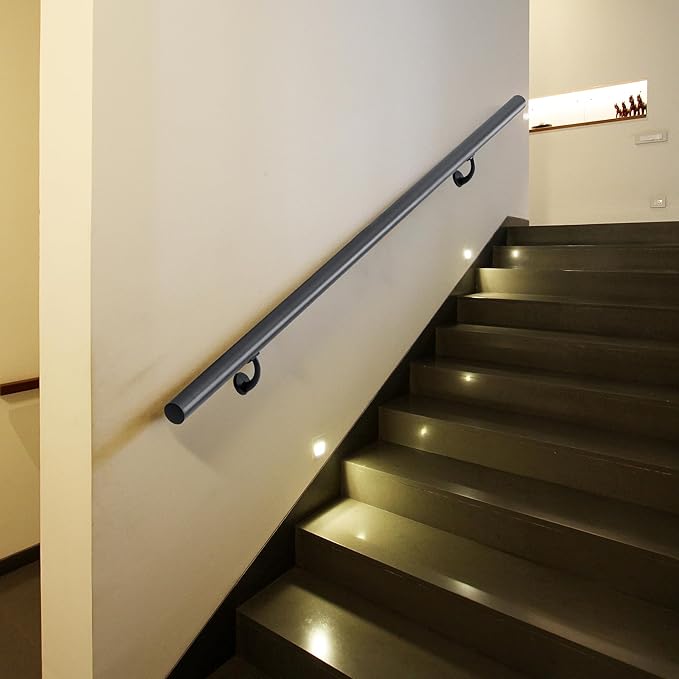 14 FT Modern Aluminum Handrail Set, handrails for Indoor Stairs,Deck,Slope, Wall Mounted Staircase handrails, Zink Alloy Brackets Included,Rust Free. (Matte Black, 14 FT)