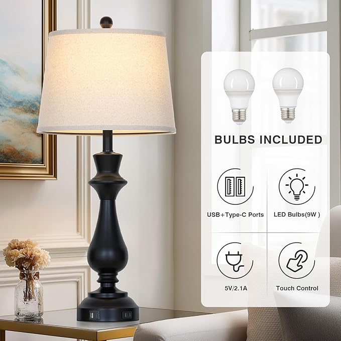 Modern Black Table Lamps Set of 2 for Living Room,30" Tall Bedside Lamp with USB Charging Port,3-Way Dimmable Touch Nightstand Lamp for Bedroom Desk Side Table Office,Black