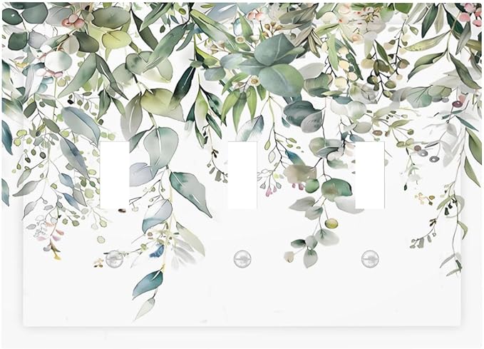 Sage Green Watercolor Eucalyptus Leaves Floral Flowers Decorative Switch Plates 3 Gang Wall Plate Triple Toggle Light Switch Cover Faceplate Electrical Wall Panels for Farmhouse Bed Room Decor