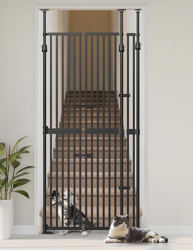 Extra Tall Cat Gate for Doorway: Sprouterie 74.8"-98" Pressure Mount Tall Cat Gates for Pet 30.3"-38.2" Wide Black Wall Drilling for Indoor Stairs Doorway Room Door Safety No Barrier