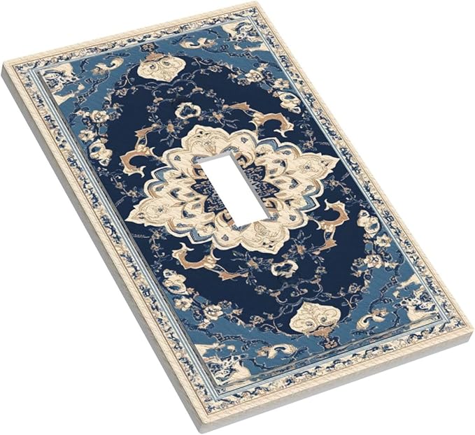 Decorative Light Switch Covers Boho Beige Navy Blue Medallion 1 Gang Light Switch Cover Plate Single Toggle Wall Plate Outlet Covers Wall Plate Dimmer Faceplate for Country Bathroom Bedroom