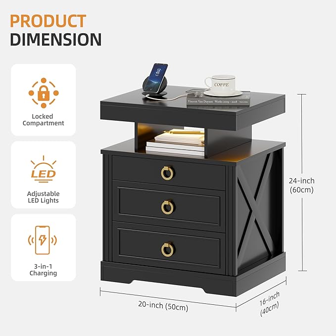 Gurexl Farmhouse Set of 2 Night Stand with Lockable Gun Drawer,LED Nightstand with Charging Station,Bedside Table with Human Sensor 3-Color Lights,End Table with 3 Drawers,Bedroom,Black