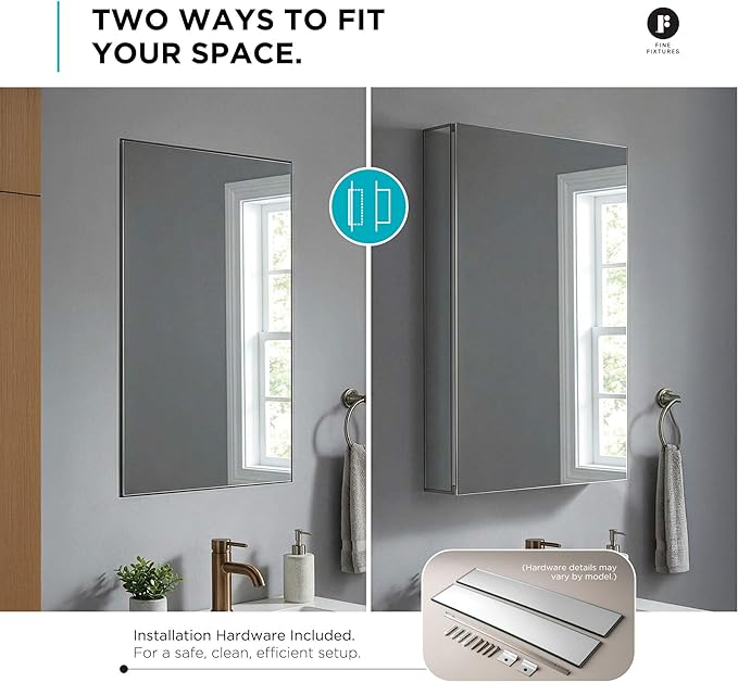 Fine Fixtures Bathroom Medicine Cabinet, Aluminum, Recessed/Surface Mount, 15" x 40", Right/Left Hinged, Mirrored Interior