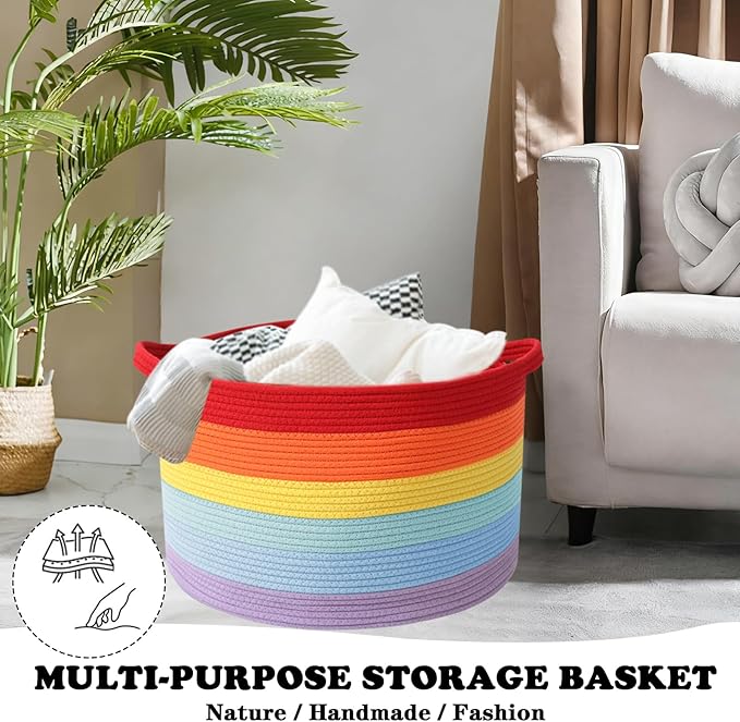 Large Storage Basket with Handle,23.6" x 23.6" x 15.7" Blanket Basket Storage Bins for Organizing,65L Cotton Rope Woven Baskets for Living Room, Nursery ,Bedroom,Rainbow