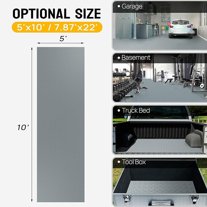 Bonnlo 5x10 FT Garage Floor Mat,Thickened Diamond Plate Garage Floor Covering, PVC Garage Flooring Roll for Under Car,Garage, Warehouse, Gyms, Trailer,Gray