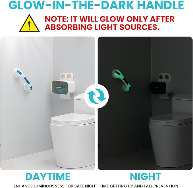 TAILI Shower Grab Bar Glow in The Dark, 2 Pack 12.2 in Grab Bars for Bathtubs and Showers,Shower Handles Shower Rails for Seniors and Elderly,Bathroom Safety Grip Removable No Drilling Waterproof Blue