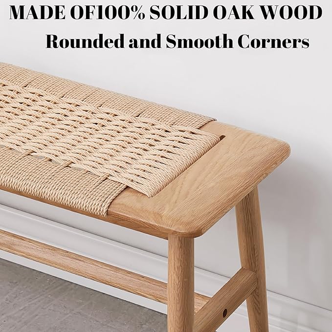 Wood Bench,100% Solid Oak Dining Bench with Woven Design, Sturdy Mortise Bench for Bench,Entryway,Dining,White/Beige Color, 43.31 x 11.81 x 15.98 inch