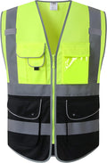 JKSafety 9 Pockets High Visibility Zipper Front Safety Vest With Reflective Strips,Meets ANSI/ISEA Standard (150-Yellow-Black, 3XL)