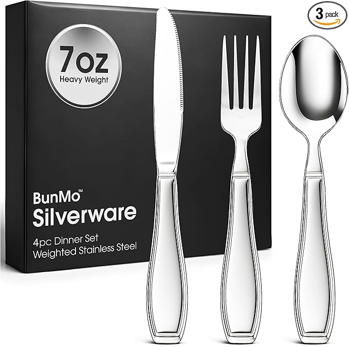 BUNMO Weighted Utensils for Hand Tremors - Elderly, Weak Hand Grip & Handicapped - Stainless Steel - Eat Independently - Weighted 3 Piece Set