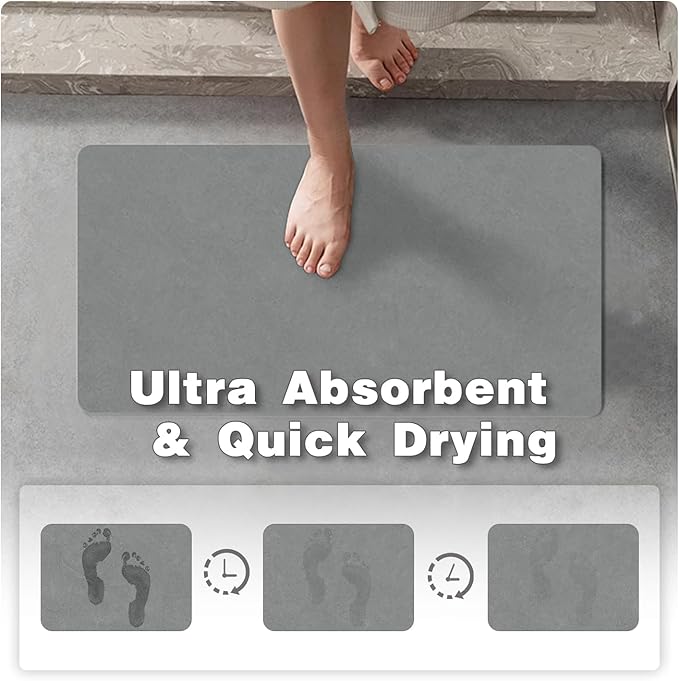 Bathroom Mat Quick Dry, Bathroom Rugs Non Slip Washable Thin Absorbent Bath Mat Fits Under Door Bathroom Floor Mat Perfect for Bath, Shower, or Sink 24"x48" Light Grey
