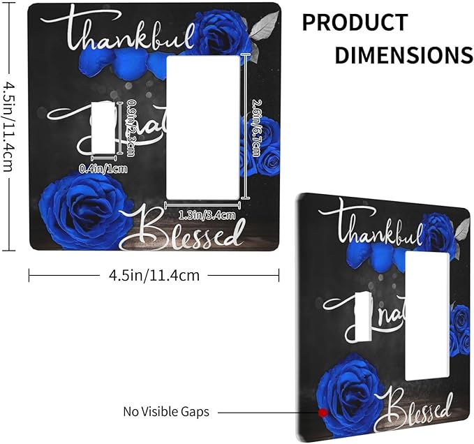 Light Switch Cover Blue Rose Thankful Grateful Blessed 2 Gang Toggle Rocker Combo Wall Plates Romantic Blue Floral Decorative Switch Plates and Outlet Covers Receptacle Cover for Home Decor