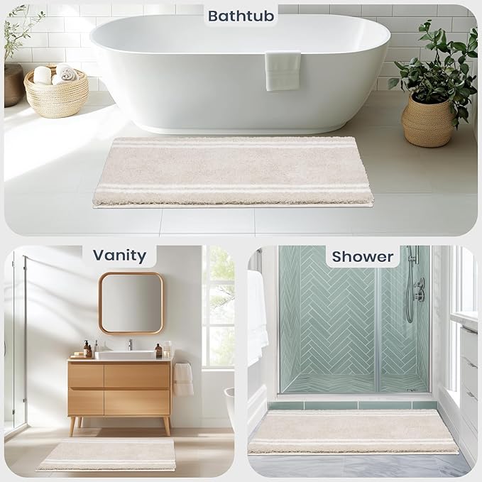 PURRUGS Bathroom Rug Non-Slip Machine Washable 30" x 46", Super Absorbent and Quick Dry Shaggy Microfiber Bath Mat, Extra Soft and Plush Bath Rug for Bathtub, Shower and Sink, Beige