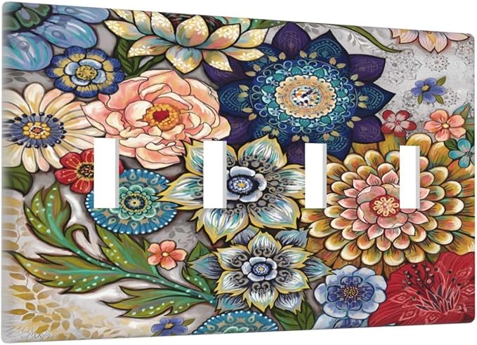 Boho Floral Colorful Floral Multi Color Flower Light Switch Covers Quad Toggle Electrical Faceplate 4 Gang Wall Plate Decorative Switch Plates Cover for Bedroom Living Room Home Decor