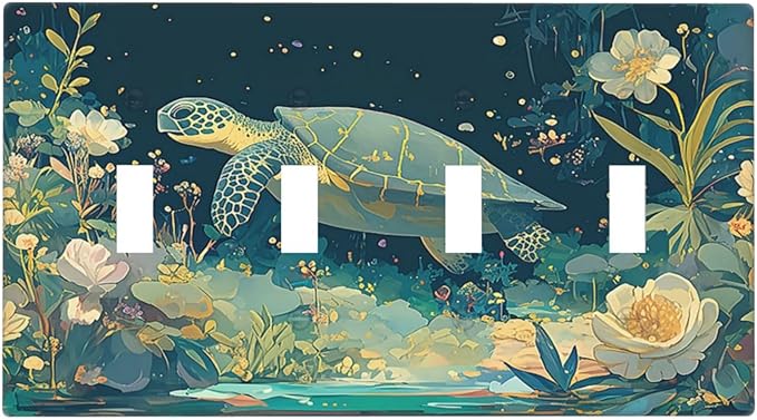 Light Switch Covers Fantasy Sea World Sea Turtle Floral Plant Quad Toggle Electrical Faceplate 4 Gang Wall Plate Decorative Switch Plates for Kids Room Nursery Decor