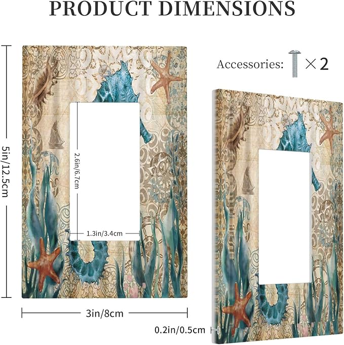 Vintage Blue Seahorse Seaweed Starfish Ocean Nautical Theme Single Rocker Light Switch Cover 1 Gang Outlet Cover Decorative Gfci Electrical Wall Plate Dimmer Switchplate for Farm Home Decora