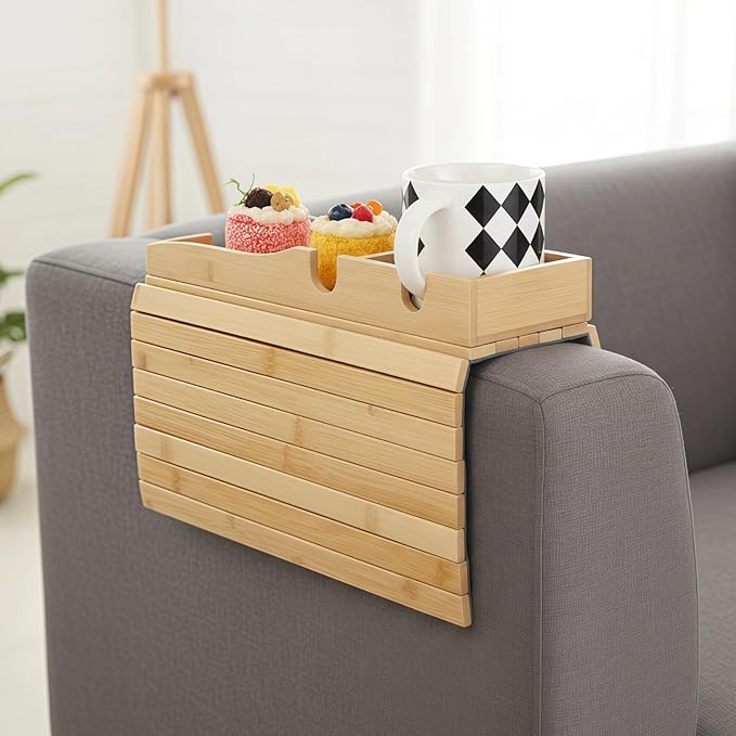 Bamboo Couch Arm Tray with Cup Holder, Foldable Wooden Couch Cup Holder Armrest Table, Non-Slip Sofa Arm Tray Caddy with Storage Sections for Drinks, Phones, Remotes and Snacks