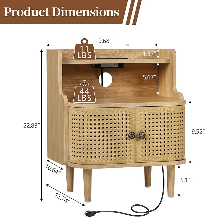 Metal Rattan End Table Set of 2 with Charging Station, Mid Century Modern Nightstand with 2 Doors, Bed Side Table with Storage for Couch,Living Room, Sofa Side Table for Office,Dorm - Natural