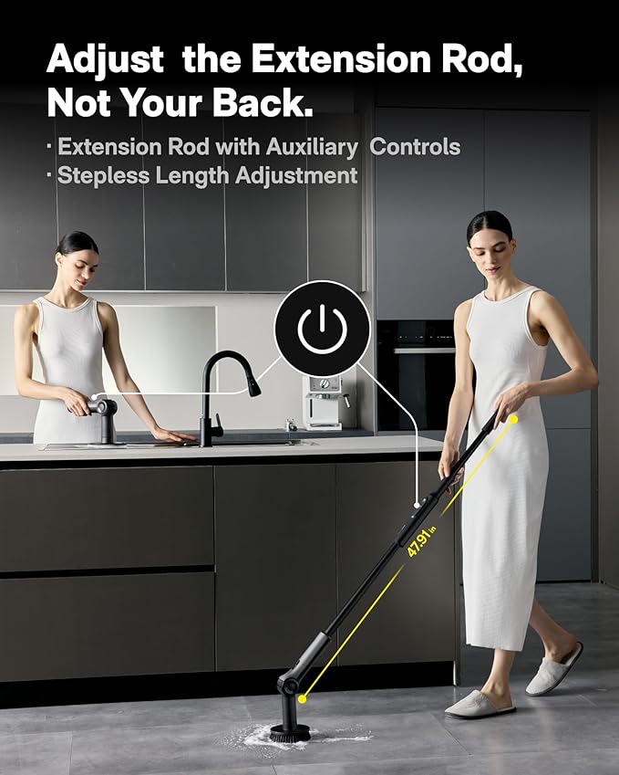 HOTO Flexi™ Cordless Electric Spin Scrubber, Adjustable Angle, Extendable Handle, Smart Display, IPX7 Waterproof, Powerful Cleaning Scrubber with 8 Replaceable Brush Heads, for Bathroom, Tile, Bathtub