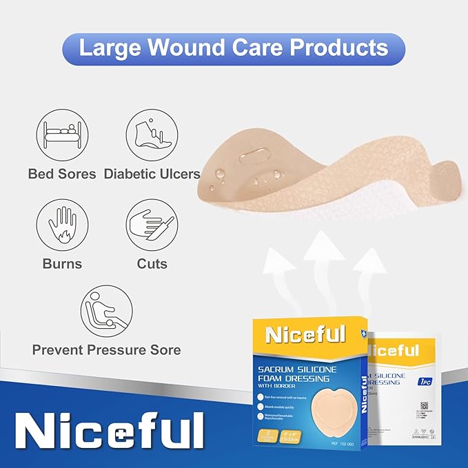Sacral Foam Dressing 9" x 9" - Border Sacrum Bandage for Bed Sores Pressure, Silicone Adhesive Wound Dressing Pads for Large Wound, 5 Count