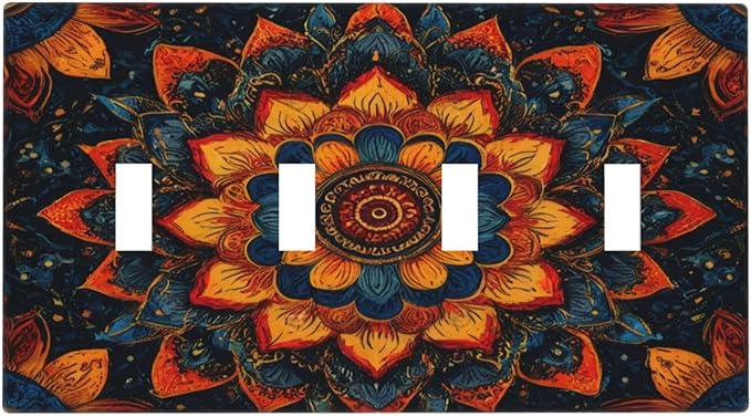 Colorful Oriental Floral Blooming Mandala Flower 4 Gang Light Switch Covers Decorative Quad Toggle Wall Plate Cover 4 Hole Electrical Device Switchplate Dimmer Faceplate for Bathroom Decor
