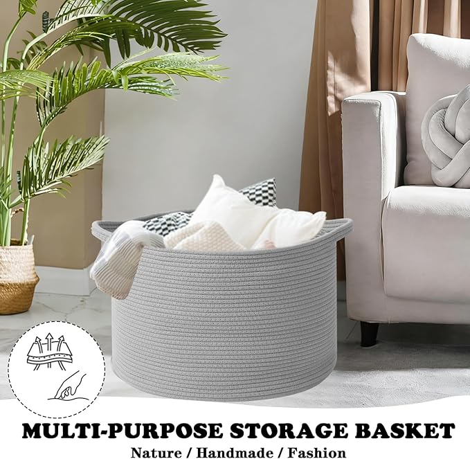 Large Storage Basket with Handle,19.7" L x 19.7" W x 13" H Blanket Basket Storage Bins for Organizing,65L Cotton Rope Woven Baskets for Living Room, Nursery ,Bedroom,Light Gry